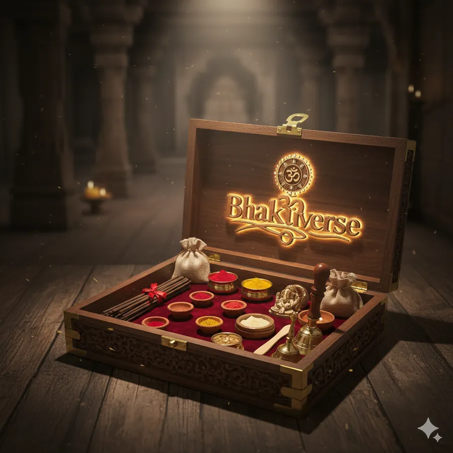 An open BhaktiVerse puja samagri box with diya, kumkum and offerings